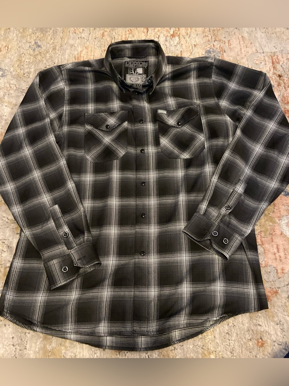 Dixxon Flannel Shirt Mens Large The Static Gray Black Long Sleeve Pearl Snap